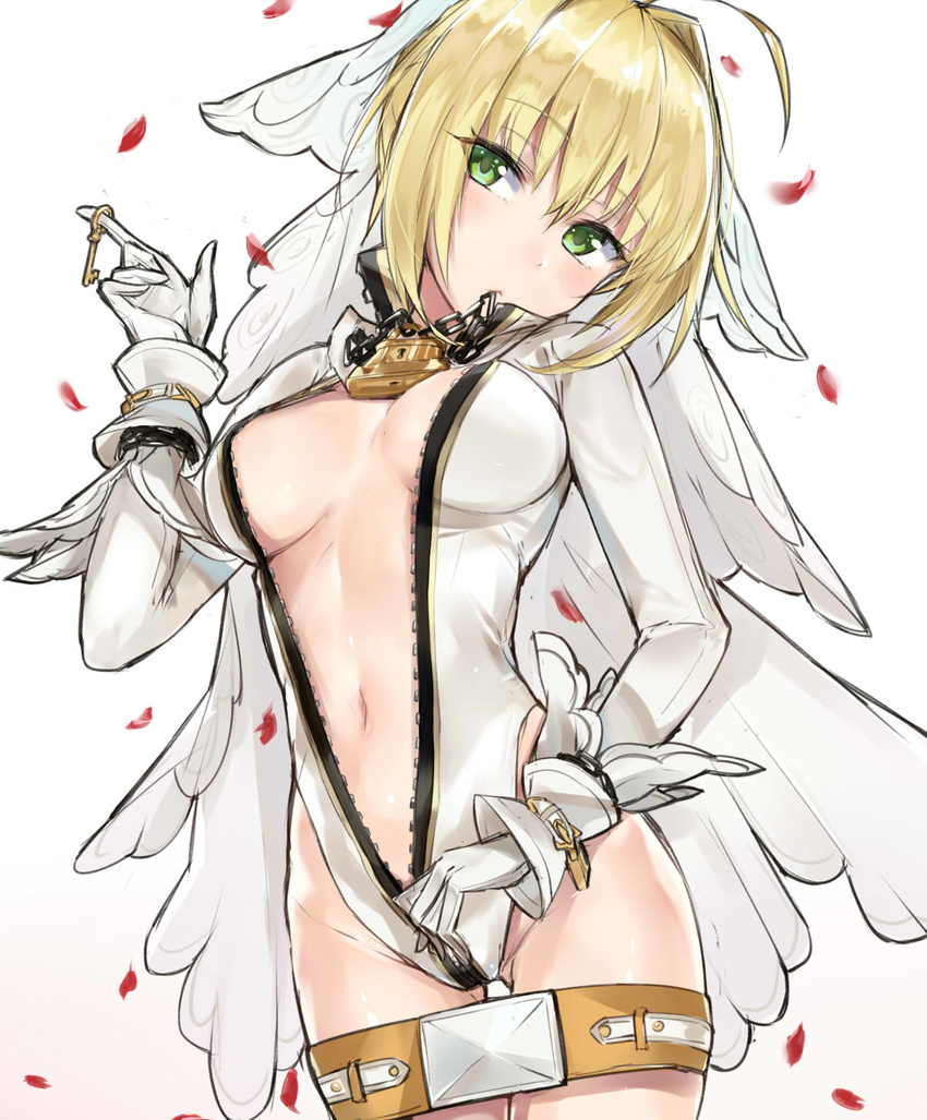 ahoge bangs belt belt_buckle blonde_hair blush breasts breasts_apart bridal_veil buckle center_opening chain cowboy_shot eyebrows eyebrows_visible_through_hair fate/extra fate/extra_ccc fate_(series) full-length_zipper gloves green_eyes groin hair_between_eyes hair_intakes hand_up head_tilt high_collar highleg highleg_leotard highres holding index_finger_raised key kyouki leotard lock long_sleeves looking_at_viewer loose_belt medium_breasts mouth_hold navel nero_claudius_(bride)_(fate) nero_claudius_(fate)_(all) no_bra open_clothes padlock petals sidelocks sketch solo standing tied_hair unzipped veil white_gloves white_leotard wrist_cuffs wrist_straps zipper