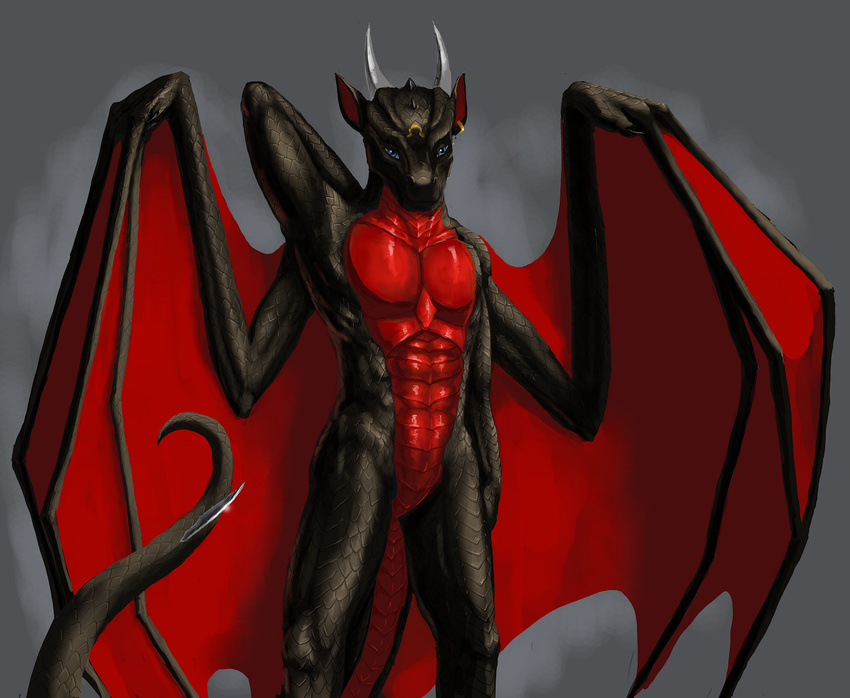 aaros_(artist) aaros_(character) abs anthro armpits black_scales blue_eyes detailed_scales dragon ear_piercing featureless_crotch horn male membranous_wings nude piercing scales simple_background solo standing wings