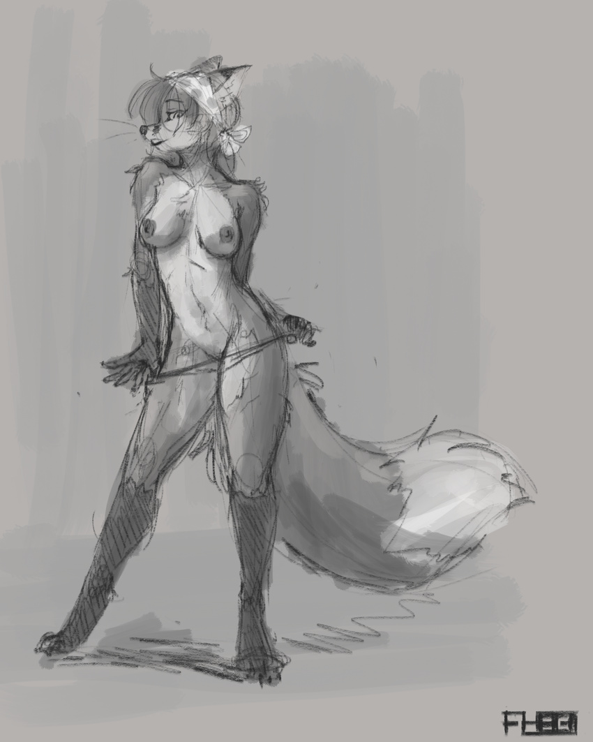 breasts canine clothed clothing female fox foxboy83 looking_at_viewer mammal monochrome panties rough_(disambiguation) sketch skimpy solo topless underwear undressing whiskers