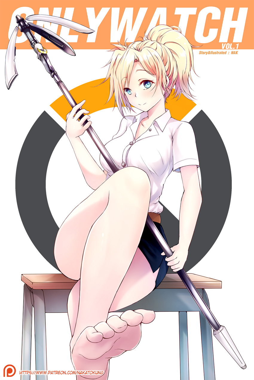 barefoot belt blonde_hair blue_eyes blue_skirt breasts casual collarbone collared_shirt cover cover_page crossed_legs desk dress_shirt feet foreshortening high_ponytail highres holding holding_staff logo looking_at_viewer medium_breasts mercy_(overwatch) miniskirt nakatokung on_desk overwatch patreon_logo patreon_username ponytail pov_feet shirt short_sleeves simple_background sitting sitting_on_desk skirt smile solo staff toes watermark web_address white_background white_shirt