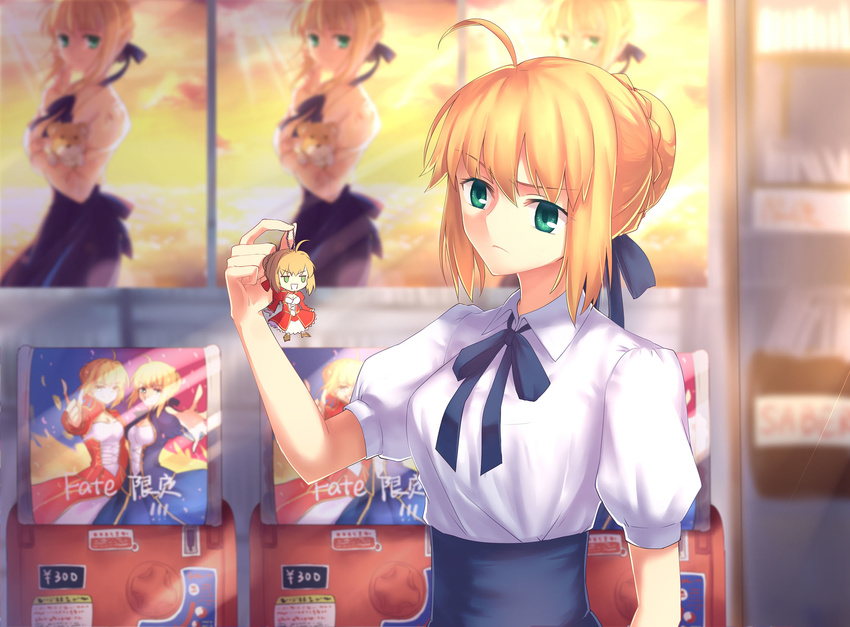 ahoge artoria_pendragon_(all) blonde_hair blouse blurry bow depth_of_field dog fate/extra fate/stay_night fate_(series) gashapon gashapon_machine gogatsu_fukuin green_eyes hair_bow hair_bun highres long_hair minigirl multiple_girls nero_claudius_(fate) nero_claudius_(fate)_(all) saber skirt toy