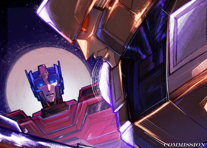 2boys angry autobot blue_eyes headgear highres looking_at_viewer machinery mecha megatron mellliow multiple_boys no_humans open_mouth optimus_prime robot sad science_fiction transformers transformers_one weapon
