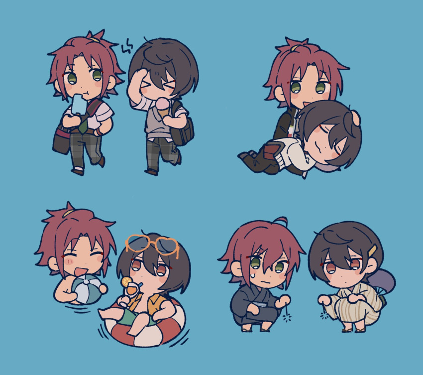 >_< 2boys :3 :t bag ball beachball black_bag black_footwear black_hair black_kimono black_pants blue_background brain_freeze chibi chibi_only closed_eyes collage cowlick dot_nose drinking eating ensemble_stars! eyewear_on_head fireworks food green_eyes green_necktie green_shorts grey_pants grey_sweater_vest hand_fan hand_on_own_head highres holding holding_ball holding_fireworks holding_food holding_ice_cream holding_popsicle ice_cream implied_yaoi innertube isara_mao japanese_clothes kimono lap_pillow male_focus multiple_boys multiple_views necktie niyororinpayamaru open_clothes open_shirt pants paper_fan plaid_clothes plaid_pants popsicle red_eyes red_hair sakuma_ritsu school_uniform shirt shoes shorts shoulder_bag simple_background sparkler striped_clothes striped_kimono summer_uniform sweater sweater_vest swim_ring swimming u_u white_sweater yellow_shirt yukata yumenosaki_school_uniform