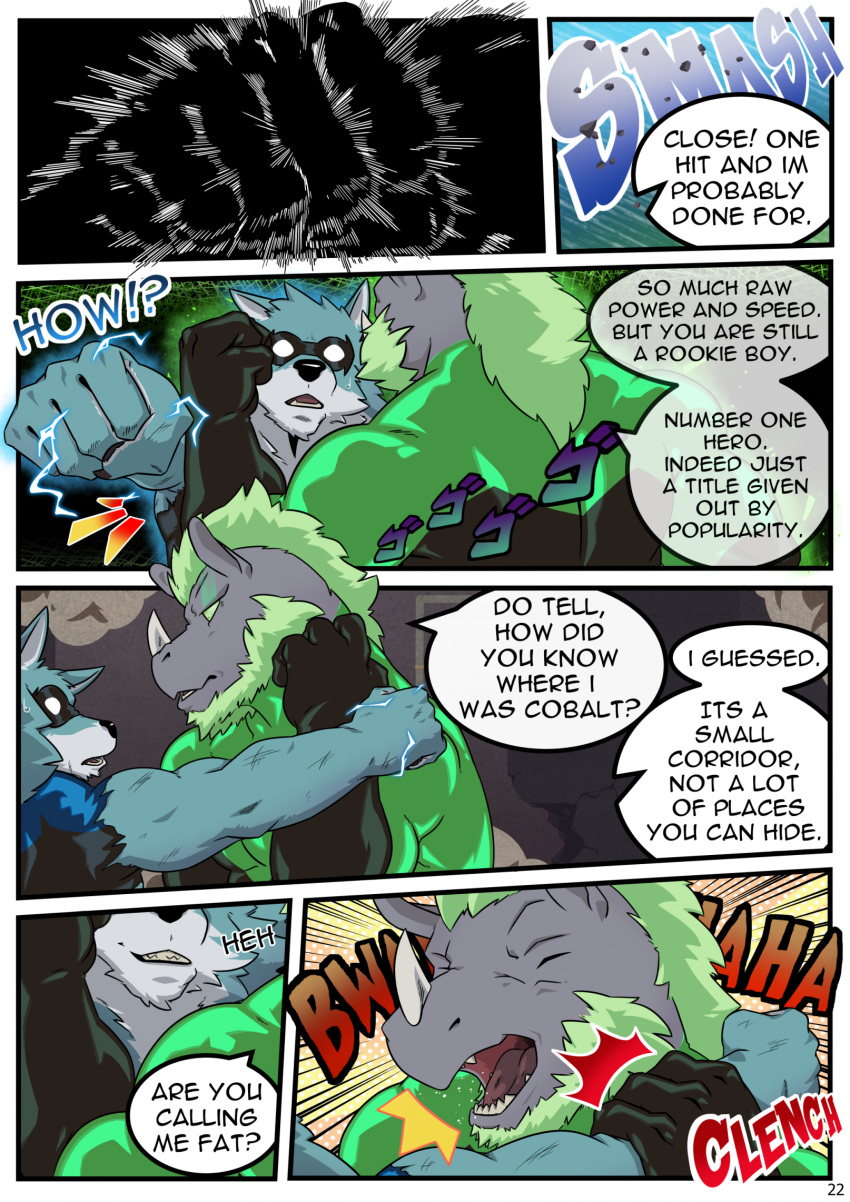 anthro antihero block bodily_fluids bruised canid canine canis claws clothing cobalt_beast comic crisis crisis_ch1 dialogue duo facial_horn fight fist glowing glowing_eyes green_hair hair hi_res horn latex male male/male mammal mask muscular nose_horn punch rhinoceros samaraka slightly_chubby smashing smile smirk sonarceros spandex superhero superhero_costume sweat tight_clothing villainous wolf