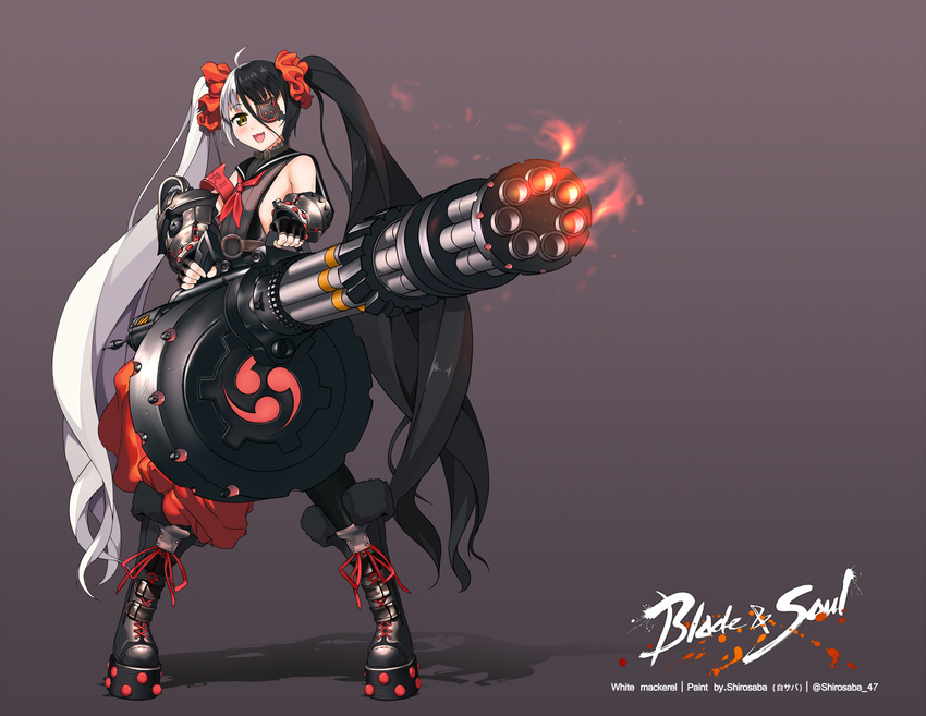 black_hair blade_&amp;_soul blush eyepatch fingerless_gloves gatling_gun gloves gun highres long_hair mitsudomoe_(shape) multicolored_hair open_mouth pohwaran shirosaba smile solo tomoe_(symbol) twintails two-tone_hair very_long_hair weapon white_hair