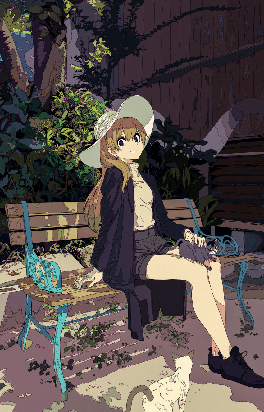 animal bench blue_eyes braid cat coat earrings hat highres jewelry kogecha_(coge_ch) light_brown_hair looking_at_viewer original outdoors oversized_animal shorts sitting smile tree turtleneck when_you_see_it