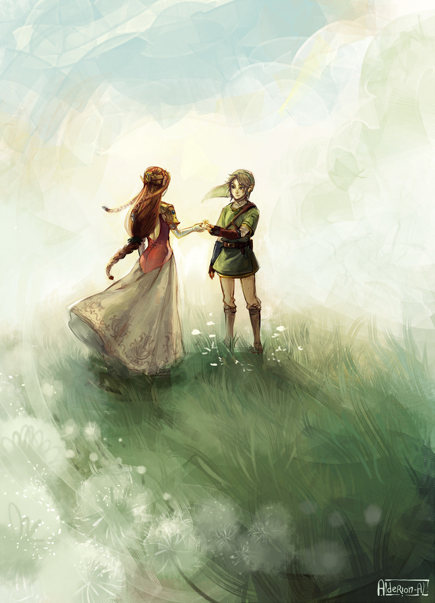 1girl alderion-al armor artist_name boots braid brown_footwear brown_hair circlet dandelion dress elbow_gloves fingerless_gloves flower gloves grass hat highres link long_hair md5_mismatch phrygian_cap princess_zelda shoulder_armor signature the_legend_of_zelda the_legend_of_zelda:_twilight_princess tunic white_gloves