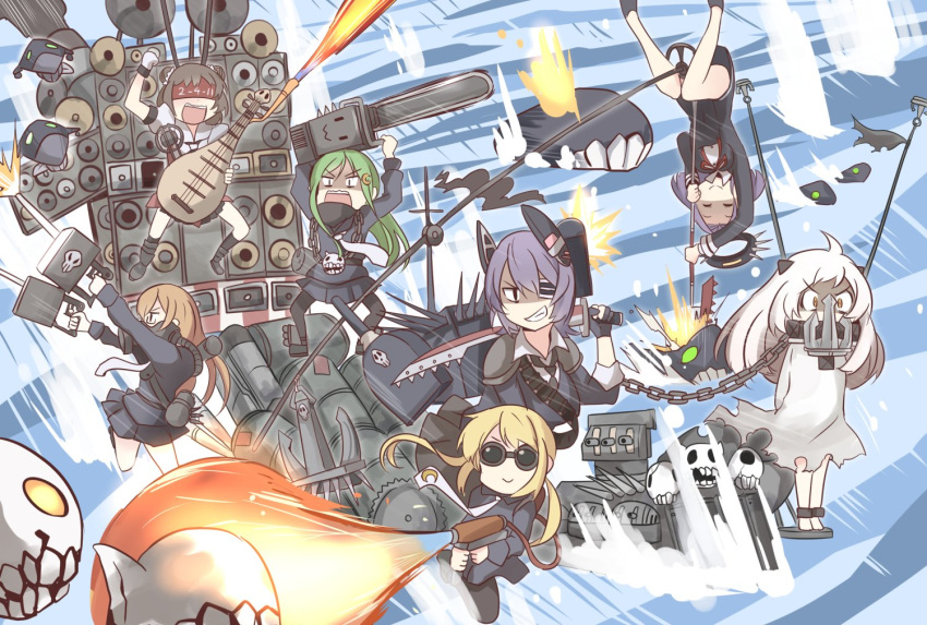 6+girls bdsm black_gloves blonde_hair bondage bound brown_hair chains chainsaw checkered checkered_neckwear double_bun drum_(container) enemy_aircraft_(kantai_collection) eyepatch flamethrower glaive gloves goggles gun hair_intakes headgear i-class_destroyer ido_(teketeke) kantai_collection light_green_hair mad_max mad_max:_fury_road mechanical_halo mochizuki_(kantai_collection) multiple_girls nagatsuki_(kantai_collection) naka_(kantai_collection) necktie northern_ocean_hime partly_fingerless_gloves purple_hair satsuki_(kantai_collection) school_uniform short_hair skeleton skirt sword tatsuta_(kantai_collection) tenryuu_(kantai_collection) thighhighs weapon white_hair yellow_eyes