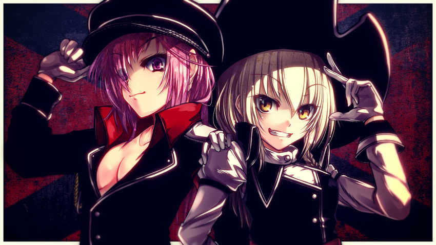 aiguillette amemiya_amane black_hat black_jacket black_vest blonde_hair border braid breasts buttons cleavage closed_mouth crossover eyebrows eyebrows_visible_through_hair eyelashes eyes_visible_through_hair gloves grin hair_between_eyes hair_over_one_eye hairband hand_on_another's_shoulder hand_on_headwear hat hat_tip highres jacket kateikyoushi_no_onee-san kirisame_marisa kurasaki_cority long_hair long_sleeves looking_at_viewer multiple_girls no_shirt outside_border peaked_cap pink_eyes pirate_hat purple_eyes purple_hair red_background salute shirt side-by-side side_braid small_breasts smile touhou turtleneck upper_body vest white_border white_gloves white_shirt wrist_cuffs yellow_eyes
