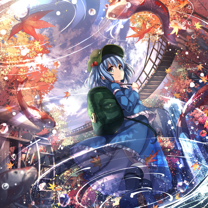 album_cover architecture autumn_leaves backpack bag black_footwear blue_eyes blue_hair blue_shirt blue_skirt boots bridge closed_mouth commentary_request cover east_asian_architecture falling_leaves fish frilled_skirt frills from_below hair_bobbles hair_ornament hat highres janne_cherry juliet_sleeves kawashiro_nitori koi leaf long_sleeves looking_at_viewer maple_leaf puffy_sleeves ripples rope_bridge shirt short_hair skirt skirt_set smile solo touhou two_side_up water waterfall watermill
