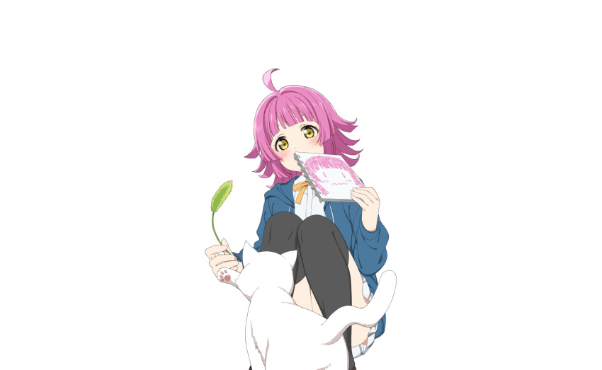 1girl ahoge animal black_thighhighs blue_hoodie blunt_bangs blunt_ends blush cat cat_tail cat_teaser collared_shirt hand_up hanpen_(love_live!) highres holding holding_notebook holding_sketchbook hood hoodie kishimen_hair long_sleeves love_live! love_live!_nijigasaki_high_school_idol_club love_live!_school_idol_festival_2 medium_hair neck_ribbon nijigasaki_school_uniform notebook official_art open_clothes pawpads pink_hair plaid_clothes plaid_skirt plant pleated_skirt ribbon rina-chan_board school_uniform shirt sketchbook skirt squatting tail tennoji_rina thighhighs transparent_background white_cat white_shirt white_skirt winter_uniform yellow_eyes yellow_ribbon