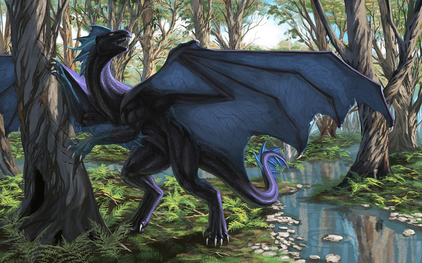 aaros_(artist) amazing_background black_scales claws creek day detailed_background detailed_scales dragon feral forest membranous_wings nude open_mouth outside scales teeth tree wings