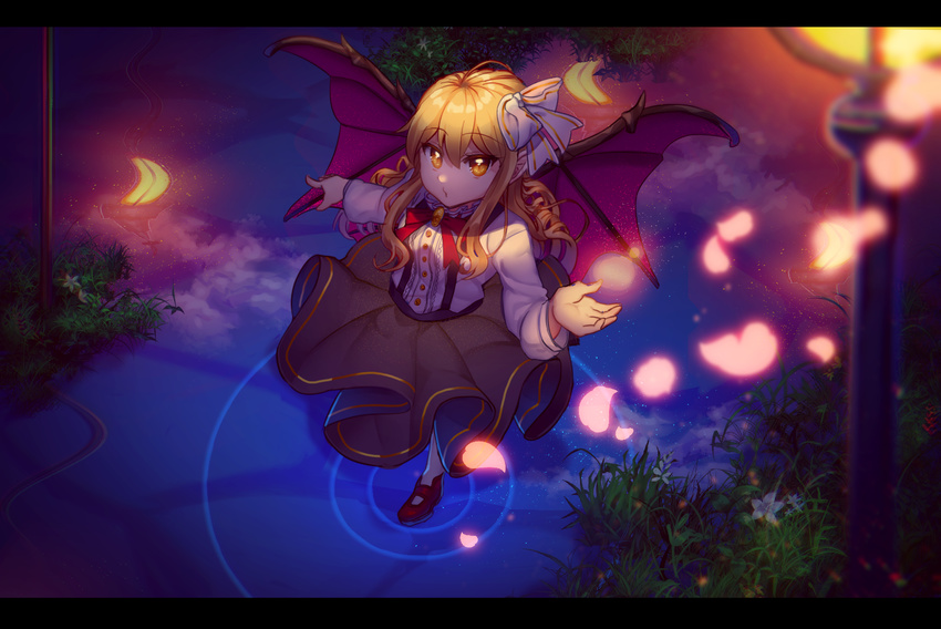 black_skirt blonde_hair blurry bow bowtie brooch cloud demon_wings flower grass hair_bow jewelry kanou_(natsuno0223) kurumi_(touhou) lamppost letterboxed light long_hair long_sleeves looking_at_viewer petals red_bow red_footwear red_neckwear reflection reflective_floor ripples shirt shoes skirt solo suspender_skirt suspenders touhou touhou_(pc-98) white_bow white_flower white_legwear white_shirt wings yellow_eyes