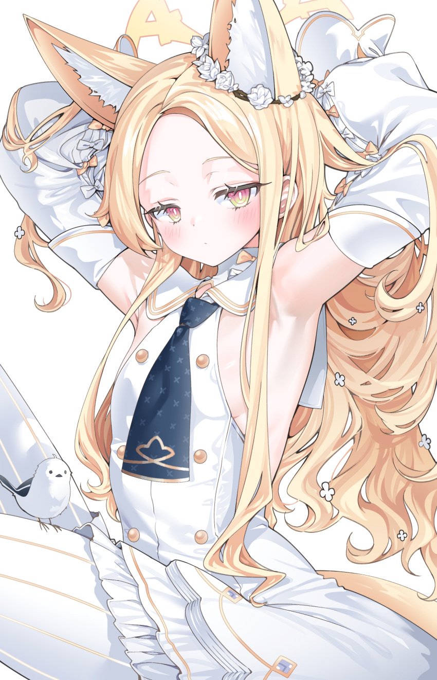 1girl absurdres animal_ear_fluff animal_ears armpits arms_up bird blonde_hair blue_archive blush bow bright_pupils buttons closed_mouth commentary cowboy_shot detached_sleeves double-breasted dress expressionless extra_ears eyelashes flower flower_wreath forehead fox_ears fox_girl fox_tail frilled_dress frills halo highres laseri long_hair looking_at_viewer orange_bow pantyhose parted_bangs presenting_armpit red_eyes seia_(blue_archive) sideless_dress sidelocks simple_background sitting sleeve_bow sleeveless sleeveless_dress sleeves_past_fingers sleeves_past_wrists solo striped_clothes striped_pantyhose tail vertical-striped_clothes vertical-striped_pantyhose very_long_hair white_background white_bird white_bow white_dress white_flower white_pantyhose white_pupils wide_sleeves