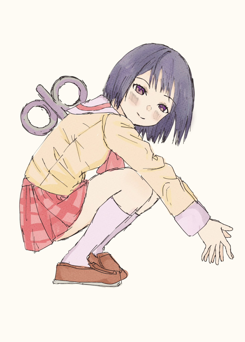 1girl ameyoshi831 black_eyes black_hair highres long_sleeves looking_at_viewer medium_hair neckerchief nichijou plaid_clothes plaid_skirt red_neckerchief robot robot_girl sailor_collar school_uniform serafuku shinonome_nano shirt simple_background skirt socks squatting tokisadame_school_uniform white_sailor_collar white_socks winding_key yellow_shirt