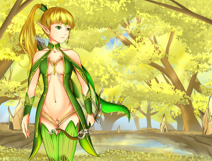 1girl archer breasts dragon_nest dress elf elf_girl expose female forest gold_hair green_eyes liya nature outdoors plant pussy sky solo
