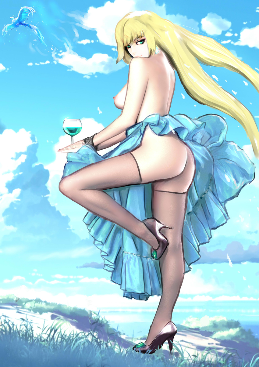 1girl aruuin ass bird blonde_hair breasts clouds dress earrings green_eyes high_heels long_hair looking_at_viewer lusamine_(pokemon) nail_polish nipples no_panties pokemon pokemon_(game) pokemon_sm side_boob side_view sky solo thighhighs wine_glass