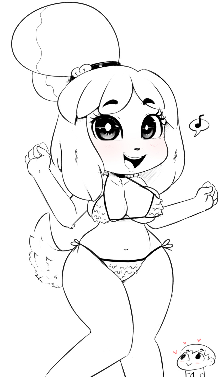 &lt;3 2016 animal_crossing anthro bikini blush breasts canine clothed clothing dog female fur hair hearlesssoul isabelle_(animal_crossing) looking_at_viewer mammal navel nintendo open_mouth shih_tzu simple_background smile solo swimsuit video_games