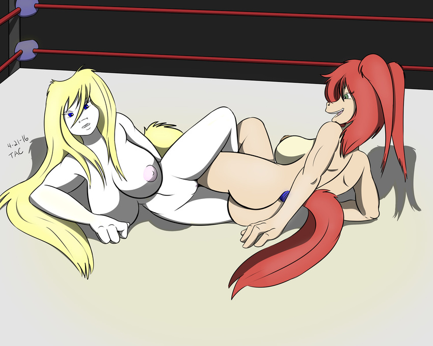 2016 anna_(sailoranna) anthro big_breasts blonde_hair blue_eyes breasts duo equine female fighting_ring green_eyes hair hi_res horse mammal navel nipples nude open_mouth open_smile pigtails pussy rear_view red_hair sailoranna sara_(sailoranna) simple_background smile tail_wraps wraps wrestling