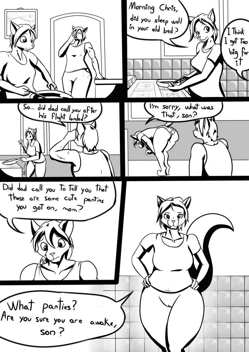 2016 anthro bottomless breasts butt canine chris_hayabusa clothed clothing comic cooking dialogue digital_media_(artwork) english_text female fur hair hi_res humor incest invalid_tag kitchen male mammal mature_female mother mother_and_son parent plaga presenting presenting_hindquarters pussy shirt smile son spatula suzanne_hayabusa t-shirt text underwear wolf
