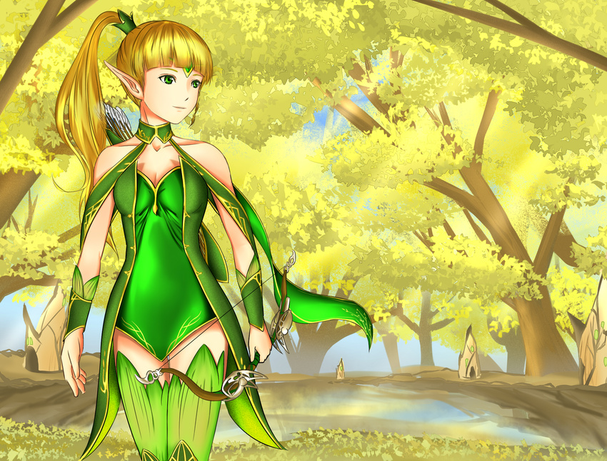 1girl breasts dragon_nest dress elf expose female forest gold_hair green_eyes leotard nature outdoors plant sky solo