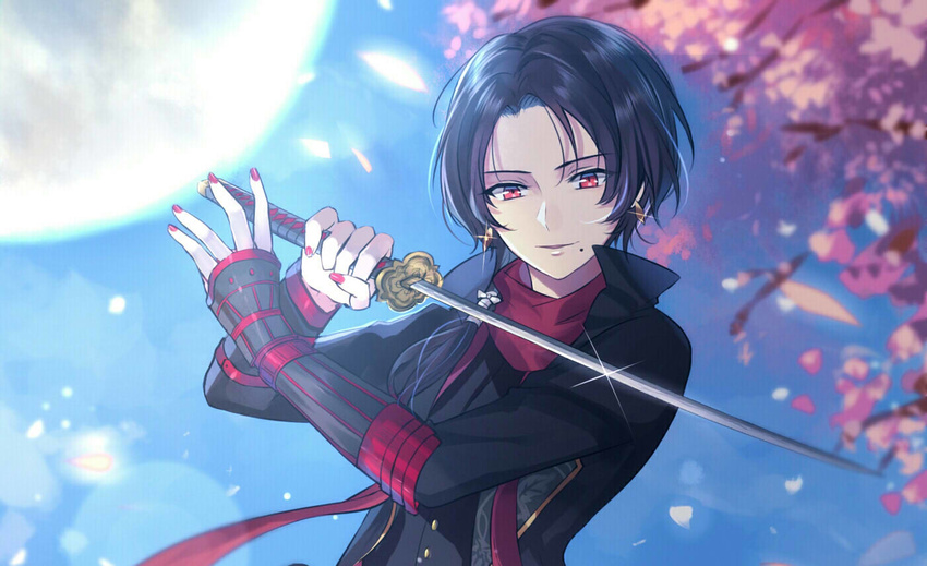 brown_hair cherry_blossoms earrings full_moon jewelry kashuu_kiyomitsu katana male_focus mole mole_under_mouth moon nail_polish petals ponytail qingshui_ai red_eyes red_nails scarf smile solo sword touken_ranbu weapon