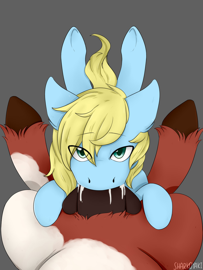 blonde_hair blue_fur brown_fur cum cum_in_mouth cum_inside digital_media_(artwork) equine fellatio feral fur hair horse looking_at_viewer mammal my_little_pony oral pony sex sharkoyaki size_difference teal_eyes the_lusty_stallion vyktor_dreygo white_fur zoe