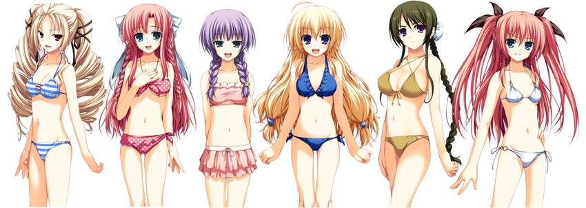 akatsuki_no_goei bikini bikini_skirt blue_eyes braid breasts brown_hair cleavage criss-cross_halter drill_hair frilled_bikini frills front-tie_top green_eyes hair_bun halterneck hand_on_hip highres kokudou_kyouka kurayashiki_tae long_hair looking_at_viewer medium_breasts multiple_girls navel nikaidou_aya nikaidou_reika non-web_source open_mouth pink_hair polka_dot polka_dot_bikini purple_eyes purple_hair red_eyes shion_(akatsuki_no_goei) side-tie_bikini simple_background small_breasts smile string_bikini striped striped_bikini swimsuit tomose_shunsaku tsuki_(akatsuki_no_goei) twin_braids twin_drills twintails white_background