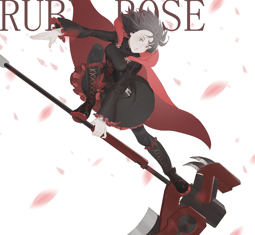 black_hair boots breasts cape character_name crescent_rose cross-laced_footwear gloria_(84568750) gothic_lolita knee_boots lace-up_boots lolita_fashion medium_breasts pantyhose petals red_cape riding rose_petals ruby_rose rwby scythe short_hair silver_eyes solo weapon