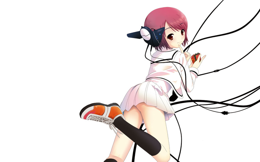 artist_request ass black_legwear cable copyright_request gift holding holding_gift kneehighs pink_hair school_uniform shoes short_hair skirt smile sneakers socks solo wallpaper