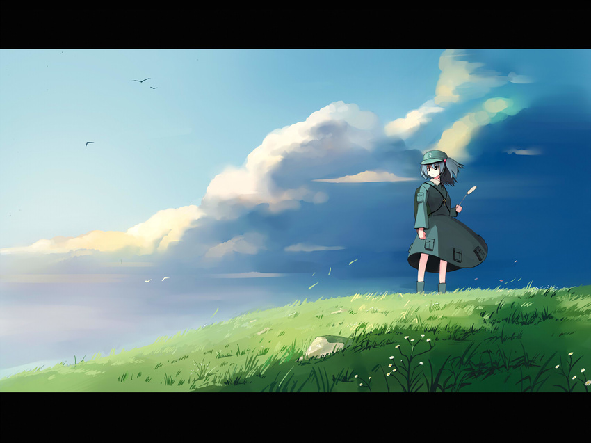 arm_at_side backpack bag bangs bird blue_eyes blue_hair blue_hat blue_legwear blue_skirt blue_sky cattail cloud day flat_chest grass hair_bobbles hair_ornament hat heart highres holding kawashiro_nitori letterboxed long_sleeves looking_away nature plant pocket seo_tatsuya short_hair skirt sky solo standing touhou two_side_up wallpaper wind