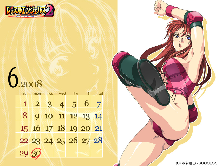 armpits blue_eyes boots breasts brown_hair calendar_(medium) corey_sniper corset elbow_pads highres homare_(fool's_art) kicking large_breasts long_hair open_mouth sideboob solo wallpaper wrestle_angels wrestle_angels_survivor_2 wristband
