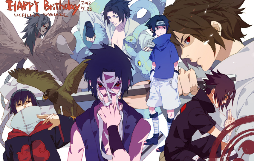 1boy bandages bird black_hair brown_hair character_name colored_sclera dated forehead_protector happy_birthday headband imabboy konohagakure_symbol long_hair looking_at_viewer male_focus mask monster mouth_mask multiple_boys multiple_views naruto naruto_(series) ninja ninja_mask red_eyes scroll shorts simple_background snake sword uchiha_sasuke weapon white_background wings