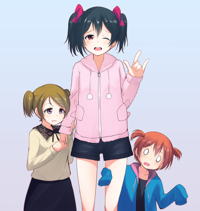 \m/ alternate_hairstyle black_eyes black_hair black_ribbon black_shorts blue_background bow brown_hair casual child commentary_request eyebrows eyebrows_visible_through_hair hair_between_eyes hair_bow highres holding_hands hood hoodie hoshizora_rin koizumi_hanayo long_hair love_live! love_live!_school_idol_project multiple_girls nanotsuki one_eye_closed open_mouth pom_pom_(clothes) red_bow red_eyes ribbon short_twintails shorts simple_background sleeves_past_wrists time_paradox twintails yazawa_nico younger zipper