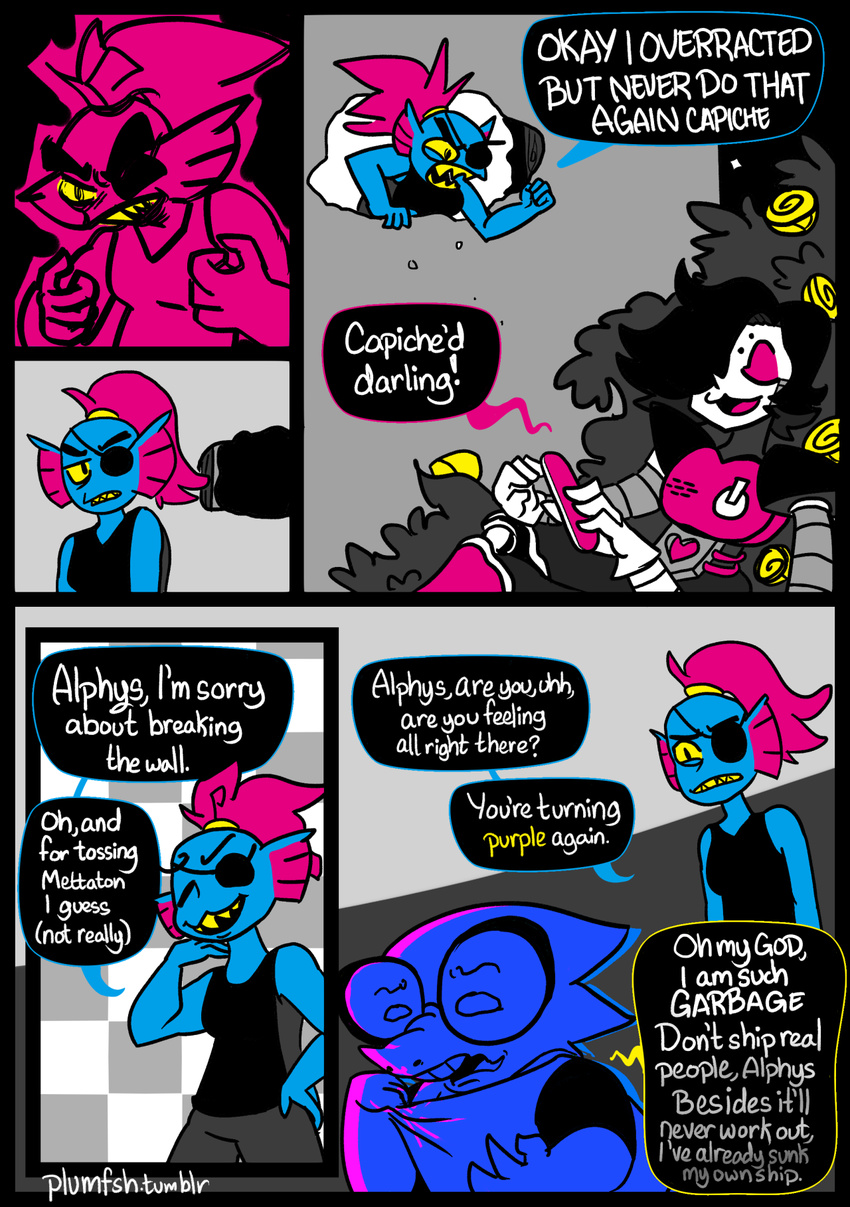 alphys comic dialogue english_text fish flower hole_(disambiguation) humor lizard marine plant plumfsh reptile rose scalie signed text undertale undyne video_games