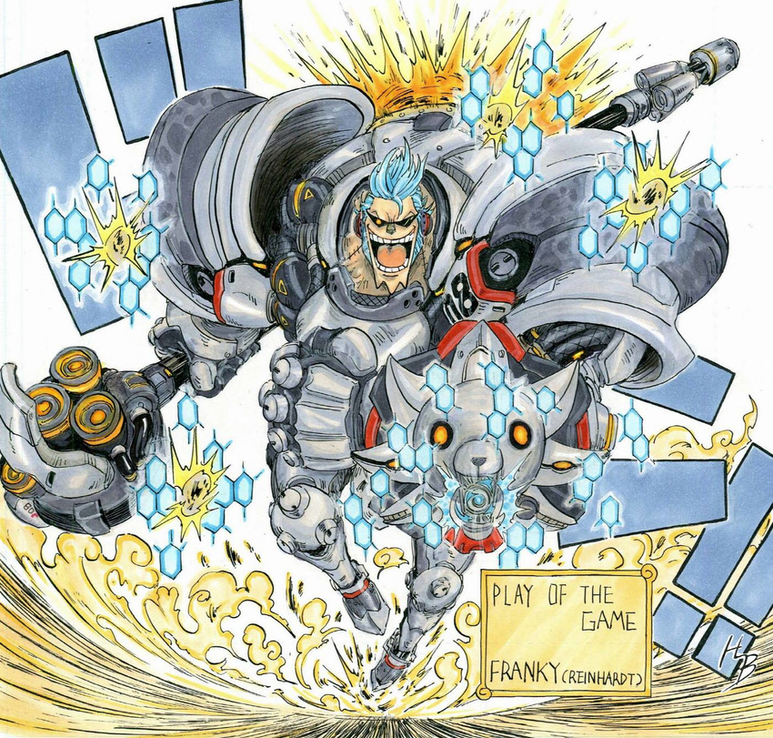 armor blue_hair character_name charging cosplay cyborg energy_shield franky full_armor full_body gauntlets glowing glowing_eye han_seok-bum highres holding holding_weapon looking_at_viewer male_focus marker_(medium) no_headwear no_helmet oda_eiichirou_(style) official_style one_piece overwatch parody pauldrons plate_armor play_of_the_game pompadour reinhardt_(overwatch) reinhardt_(overwatch)_(cosplay) shield shoulder_pads sideburns smile solo stitches style_parody sunglasses teeth thrusters traditional_media warhammer weapon