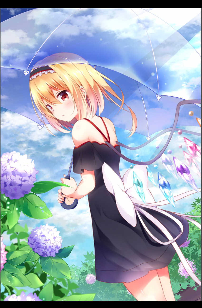 alternate_costume alternate_hairstyle alternate_headwear bare_shoulders black_dress blonde_hair blush bow commentary_request cowboy_shot crystal day dress dutch_angle flandre_scarlet flower from_behind hairband highres holding holding_umbrella hydrangea hyurasan letterboxed lolita_hairband looking_at_viewer looking_back no_hat no_headwear off-shoulder_dress off_shoulder outdoors parted_lips red_eyes short_hair solo touhou umbrella white_bow wings