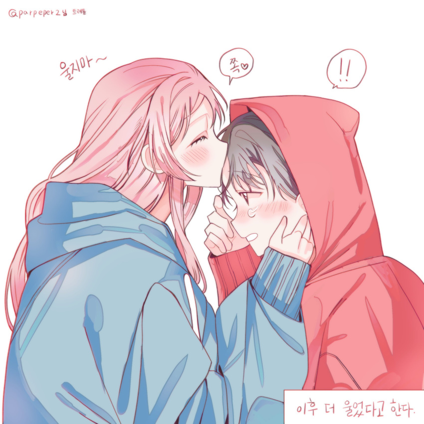 2girls absurdres bang_dream! bang_dream!_it's_mygo!!!!! blue_hoodie blush brown_eyes chihaya_anon closed_eyes commentary grey_hair hand_on_another's_cheek hand_on_another's_face highres hood hood_down hood_up hoodie i00236 kiss kissing_forehead korean_commentary korean_text long_hair long_sleeves multiple_girls pink_hair pink_hoodie short_hair sleeves_past_wrists sweatdrop takamatsu_tomori translation_request yuri