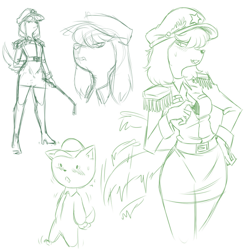 blush bra breasts canine cat clothed clothing dog duo feline female green_and_white hat looking_at_viewer male mammal military_uniform monochrome open_shirt plagueofgripes shoulder_pads simple_background sketch small_breasts tailwag underwear uniform white_background