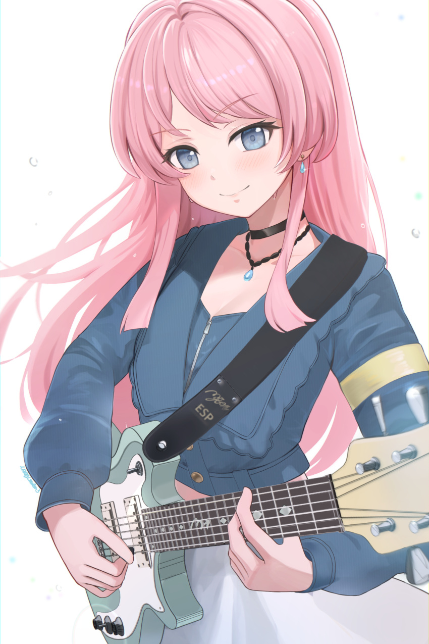 1girl bang_dream! bang_dream!_it's_mygo!!!!! black_choker blue_eyes blue_jacket blush chihaya_anon choker closed_mouth commentary cropped_jacket earrings electric_guitar guitar highres holding holding_plectrum instrument jacket jewelry long_hair looking_at_viewer necklace pink_hair playing_guitar plectrum simple_background skirt solo sweat usagi_melon3 white_background white_skirt zipper_pull_tab