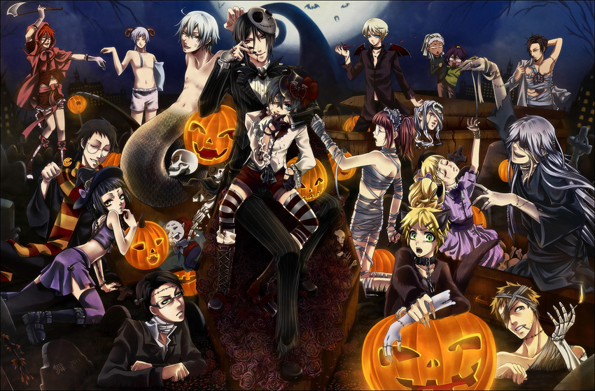 4girls 6+boys agni alois_trancy baldroy bandage black_hair blonde_hair blood brown_eyes brown_hair candy candy_corn catherine_(game) ciel_phantomhive claude_faustus coffin collar cosplay demon_wings dress elizabeth_ethel_cordelia_midford finnian flower glasses green_eyes grell_sutcliff grey_hair hair_bow hair_over_eyes halloween hannah_anafeloz harry_james_potter harry_james_potter_(cosplay) harry_potter hat hat_ribbon horns jack-o'-lantern jack_skellington jack_skellington_(cosplay) kuromai kuroshitsuji lamia lau lollipop maid_headdress match maylene midriff mini_top_hat monster_boy multiple_boys multiple_girls mummy_costume pinstripe_suit pluto purple_dress purple_hair ran_mao red_eyes red_hair red_rose rose scarf sebastian_michaelis sharp_teeth shorts skirt snake soma_asman_kadar stitching striped_legwear striped_scarf suit tanaka the_nightmare_before_christmas top_hat topless undertaker undertaker_(kuroshitsuji) vampire vampire_costume vincent_brooks vincent_brooks_(cosplay) william_t._spears wings witch_hat wolf_costume wolf_ears yellow_eyes