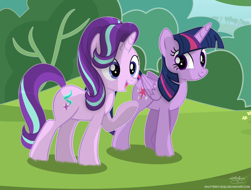 2016 bush cutie_mark duo equine feathered_wings feathers female feral friendship_is_magic fur grass hair hi_res horn mammal multicolored_hair my_little_pony outside pink_fur purple_eyes purple_feathers purple_fur shutterflyeqd sky smile starlight_glimmer_(mlp) tree twilight_sparkle_(mlp) unicorn winged_unicorn wings