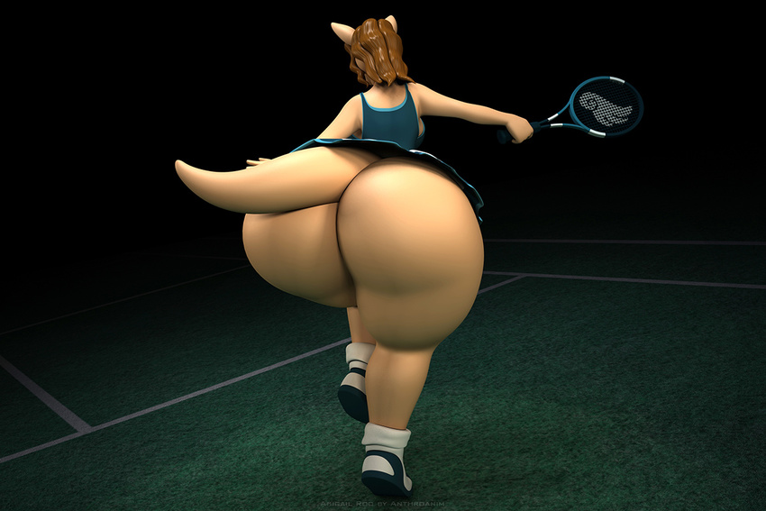 2016 3d_(artwork) abigail_roo anthro anthroanim ball big_butt brown_hair butt clothed clothing digital_media_(artwork) female hair hat kangaroo mammal marsupial racquet simple_background skirt solo sport tennis tennis_ball tennis_racquet thick_thighs wide_hips