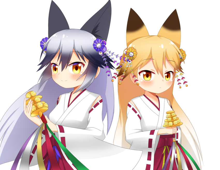 2girls animal_ear_fluff animal_ears bangs bell black_hair blonde_hair blush brown_eyes brown_flower closed_mouth commentary_request eyebrows_visible_through_hair ezo_red_fox_(kemono_friends) flower fox_ears gradient_hair hair_between_eyes hair_flower hair_ornament hakama highres japanese_clothes jingle_bell kagura_suzu kemono_friends kemono_friends_festival kimono long_sleeves miko multicolored_hair multiple_girls purple_flower red_hakama ribbon-trimmed_sleeves ribbon_trim shin01571 short_kimono silver_fox_(kemono_friends) silver_hair simple_background smile white_background white_kimono wide_sleeves