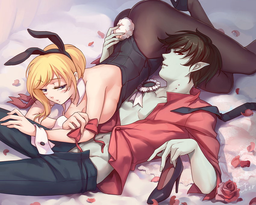 1boy 1girl adventure_time ass black_hair blonde_hair blue_skin breasts bunnysuit cleavage fionna high_heels marshall_lee vampire