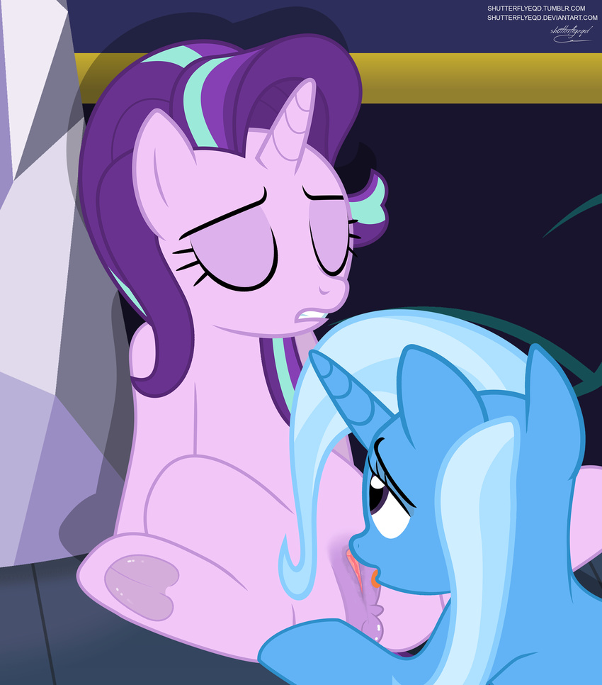 2016 anus blue_fur cunnilingus duo equine eyes_closed female feral friendship_is_magic fur hair horn mammal multicolored_hair my_little_pony oral purple_fur pussy sex shutterflyeqd starlight_glimmer_(mlp) tongue tongue_out trixie_(mlp) two_tone_hair unicorn vaginal