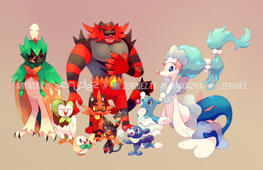 black_fur blue_eyes brionne cat closed_eyes dartrix decidueye evolution gen_7_pokemon group_picture incineroar litten no_humans open_mouth owl pokemon pokemon_(creature) popplio primarina red_fur rowlet sitting striped tail torracat wings yellow_sclera zerudez