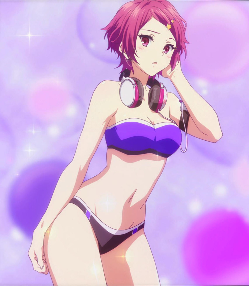 1girl bikini breasts headphones headphones_around_neck high_resolution minase_koito musaigen_no_phantom_world red_eyes red_hair screen_capture screencap sexy short_hair swimsuit white_skin