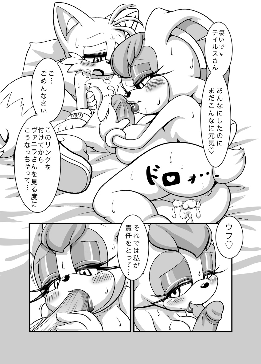 age_difference anthro anus balls big_breasts breasts canine comic erection fellatio female fox greyscale hi_res huge_breasts japanese_text lagomorph male male/female mammal mature_female michiyoshi miles_prower monochrome mother oral parent penis pussy rabbit sex sonic_(series) text uncensored vanilla_the_rabbit