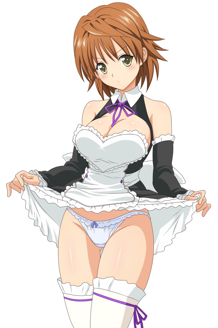 apron artist_request ass_visible_through_thighs bow bow_panties breasts brown_hair cleavage cleavage_cutout cosplay cowboy_shot detached_sleeves dream_c_club dream_c_club_(series) genderswap genderswap_(mtf) highres jpeg_artifacts large_breasts looking_at_viewer maid maid_apron panties ribbon-trimmed_legwear ribbon_trim short_hair simple_background skirt skirt_lift solo thighhighs to_love-ru underwear white_background white_legwear white_panties yellow_eyes yuuki_rito yuusaki_riko